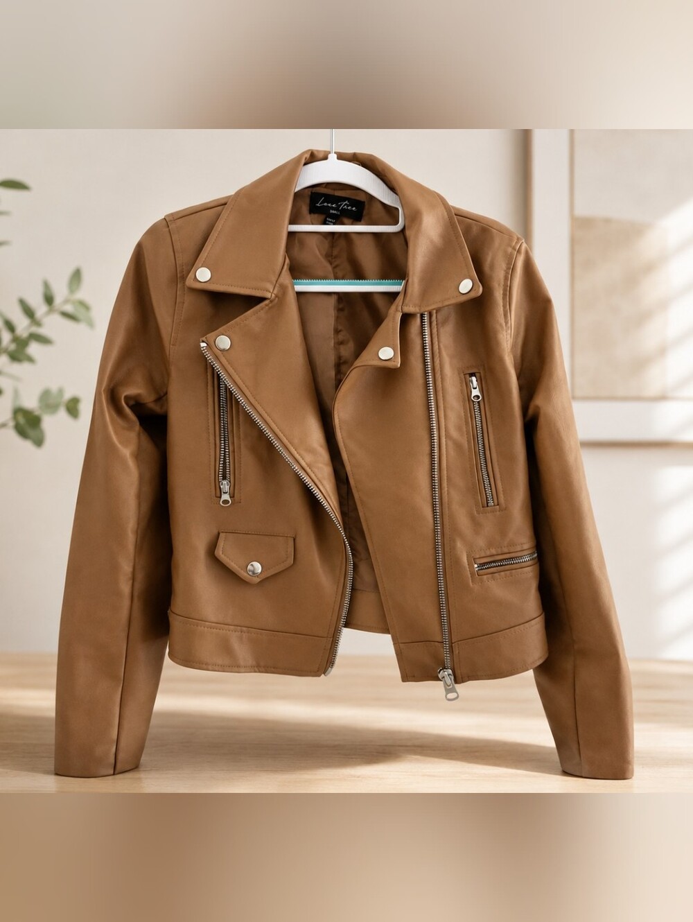 Love Tree Camel Brown Faux Leather Moto Jacket
